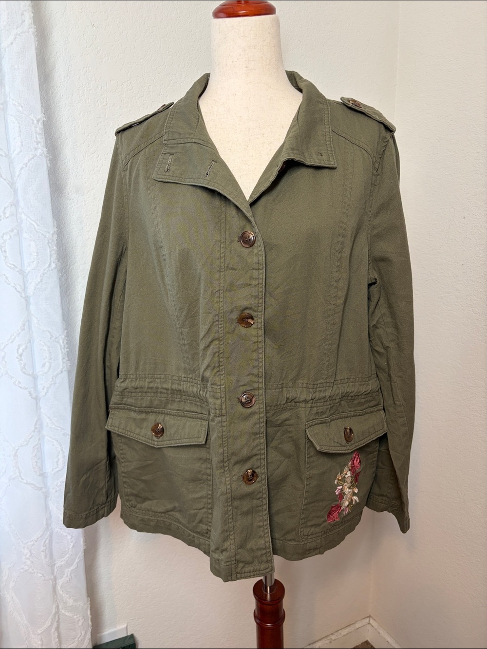 Westport 1962 XL Olive Utility Jacket Floral Embroidered Military Cotton Coat